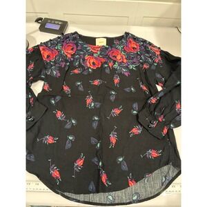 Maeve Anthropologie Blouse Women Black Floral Linen Blend Button Shoulder Medium